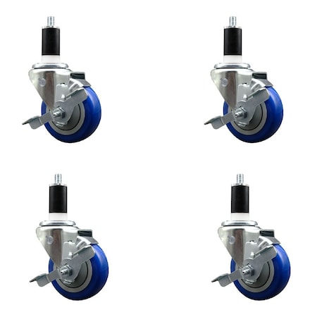 Service Caster 3.5'' Blue Poly Swivel 1-3/8'' Expanding Stem Caster Set with Brake, 4PK SCC-EX20S3514-PPUB-BLUE-TLB-138-4